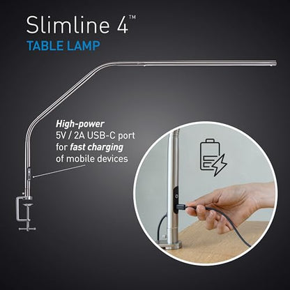 daylight Slimline 4 LED Desk Lamp with USB-C Charging Port - 95+ CRI 6000K Daylight, 3200 Lux, 4 Brightness Levels, Anti-Glare, Adjustable Arm - Sewing, Craft & Nail Salon Lamp (Brushed Steel) - color: Brushed Steel, size: Table Lamp, style: Slimline 4