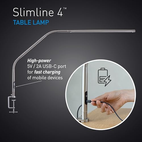 daylight Slimline 4 LED Desk Lamp with USB-C Charging Port - 95+ CRI 6000K Daylight, 3200 Lux, 4 Brightness Levels, Anti-Glare, Adjustable Arm - Sewing, Craft & Nail Salon Lamp (Brushed Steel) - color: Brushed Steel, size: Table Lamp, style: Slimline 4