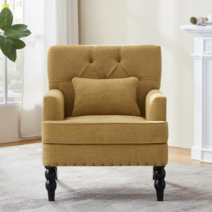 HUIMO Accent Chair, Tufted Upholstered Club Chair, Mustard Yellow | Tufted upholstered club chair with lumbar pillow and solid wood legs. Suitable for living rooms, bedrooms, and reading nooks. - color: Yellow