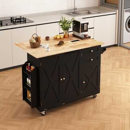 50.4" Kitchen Island with Drop Leaf & Power Outlet, Farmhouse Rolling Island Cart with 3 Spices Shelves on Wheels, Mobil Kitchen Island Table with Rubberwood Countertop Towel Rack, Black - color: Black, size: 3 Spice Shelves