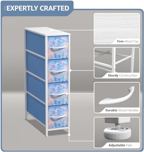 Sorbus Kids Narrow Dresser with 4 Drawers - Vertical Slim Storage Chest of Drawers with Steel Frame, Wood Top & Easy Pull Fabric Bins for Small Spaces, Closets, Bedroom, Bathroom & Laundry - color: Pastel Tie-dye, style: 4 Drawer