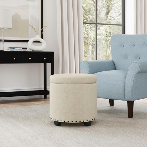 HomePop 18.5" Round Storage Ottoman with Nailheads - Cream Woven - color: Cream Woven