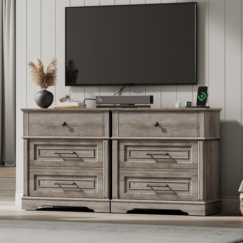 3 Drawer Tall Nightstand with Charging Station, Farmhouse Bedside Table, 27.6" W x 29.5" H, Wide End Table for Bedroom Living Room, End Tables with Charging Station, Greige - color: Greige