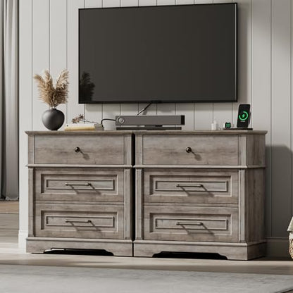 3 Drawer Tall Nightstand with Charging Station, Farmhouse Bedside Table, 27.6" W x 29.5" H, Wide End Table for Bedroom Living Room, End Tables with Charging Station, Greige - color: Greige