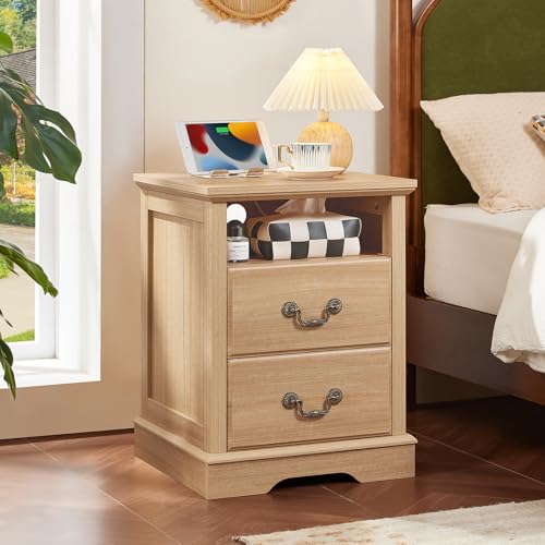Farmhouse Night Stand with Charging Station, Natural | 2 Drawers End Tables Bedroom, Nightstand with Rustic Handles & Floor-Standing Thickened Foot & Open Shelf - color: Natural, size: 18"D x 18"W x 24"H (2 Drawers)