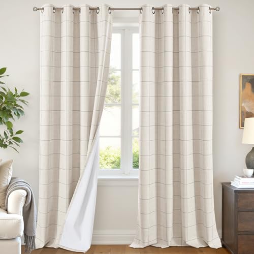 Grey Plaid Patterned Curtains Thermal Insulated - 96 Inches Extra Long Total Linen Blackout Curtains for Living Room, Boho Drapery for Farmhouse Bedroom 52x96 Inch 2 Panels - color: Grey, size: 52"W x 96"L (Pack of 2)