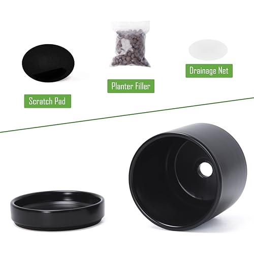 D'vine Dev 2-Pack Ceramic Pots with Saucers, Black, 4.7 in, 94-V-B-2 | Modern Cylinder Design, Glazed Ceramic, Drainage Hole & Saucer Included, High Temperature Fired, Elegant Home Accent - color: Black, size: 4.7 Inch