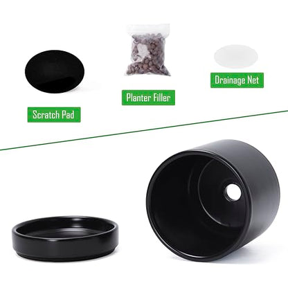 D'vine Dev 2-Pack Ceramic Pots with Saucers, Black, 4.7 in, 94-V-B-2 | Modern Cylinder Design, Glazed Ceramic, Drainage Hole & Saucer Included, High Temperature Fired, Elegant Home Accent - color: Black, size: 4.7 Inch