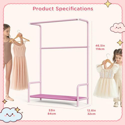 Kids Clothing Rack Double Rods for Bedroom Playroom Pink | Double Rod Design, Powder Coated Steel, Bottom Storage Shelf, for Baby Toddler Clothes, Dress Up, Nursery, Bedroom, Playroom - color: Pink