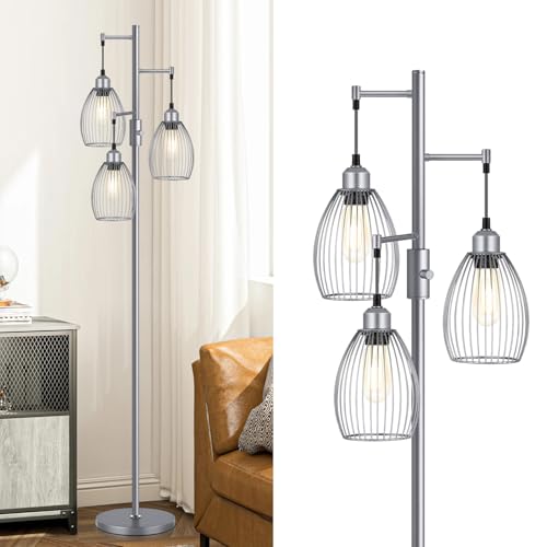 Torondo Dimmable Industrial Floor Lamps for Living Room, Gray Tree Standing Tall Lamps with 3 Elegant Teardrop Cage Head & 800 Lumens LED Bulbs for Bedroom Office - color: Gray-70 inches