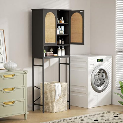 Rattan Toilet Storage Cabinet, Over The Rack Wood Cabinet with Metal Stand, Bathroom Organizer with Adjustable Shelf, Tall Freestanding Washer Shelf, Small Cupboard, Space Saver, Natural style, Black - color: Rattan Door-black