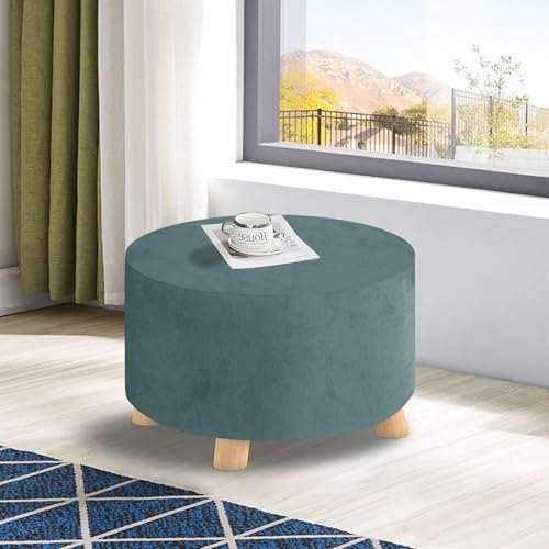 MAXIJIN Velvet Ottoman Slipcover - Round Foot Stool Cover, Thick Storage Protector with Elastic Bottom (Medium, Dusty Blue) - color: Dusty Blue, size: 14"D x 14"W x 15"H