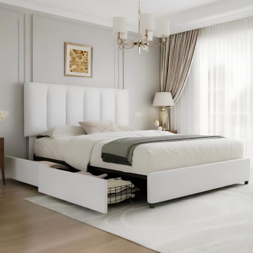 VECELO Queen Size Bed Frame with 4 Storage Drawers, Adjustable Height Headboard, Heavy-Duty Platform Bedframe with Strong Wooden Slats, No Box Spring Needed, Pure White - color: Pure White, size: Queen, style: Bed Frame With Drawers