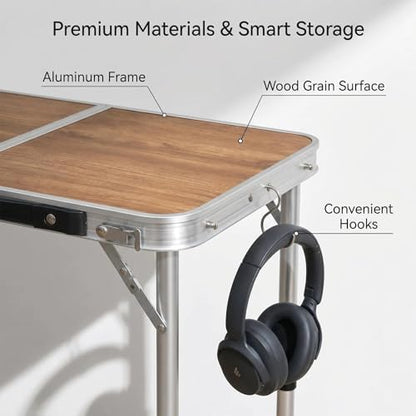 Small Folding Camping Table, 2ft Portable Picnic Table Aluminum 24" x 16" Folding Table, 3 Adjustable Heights Portable Lightweight Table Dining Table for RV, Picnic, Beach (Wood Pattern) - color: Wood Pattern