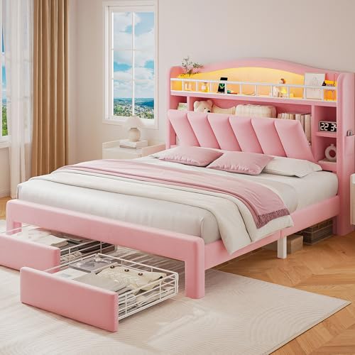 Full LED Bed Frame with Storage Headboard & 2 Storage Drawers, Princess Velvet Upholstered Bed with Vertical Tufted Headboard Design for Girls, USB & Type-C Charging Ports, Wooden Slats Support, Pink - color: Pink, size: Full