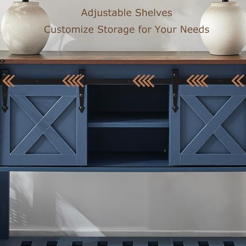 Farmhouse Entryway Table with Sliding Barn Doors, Wood Console Table with Storage Shelf, Rustic Sofa Table for Living Room, Entryway, Foyer, Blue - color: Blue