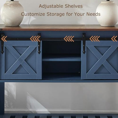 Farmhouse Entryway Table with Sliding Barn Doors, Wood Console Table with Storage Shelf, Rustic Sofa Table for Living Room, Entryway, Foyer, Blue - color: Blue