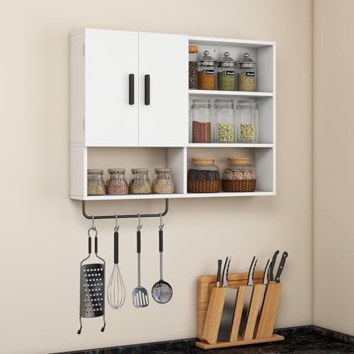 Bathroom Wall Cabinet with Towel Bar & 2 Doors, White - color: White