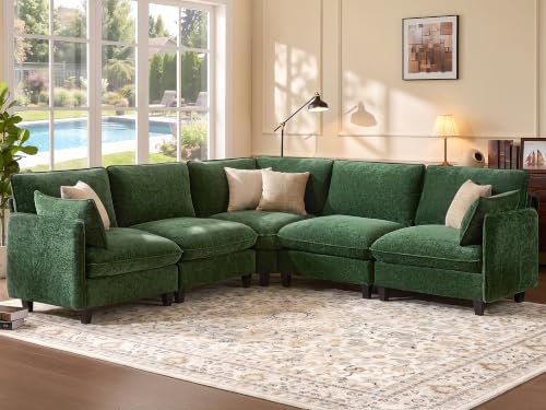 Ihanherry 107" Oversized V-Shaped Modular Sectional Sofa, Cloud Couch with Corner Section, Large Cushions, Chenille Deep Seat Couch for Living Room, Green - color: Green, size: 107” 5 Seat V Sofa