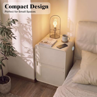 Modern Leather Nightstands Set of 2, Solid Wood Bedside Table with 2 Drawers & USB Charging Station, Preassembled End Table Small Nightstand for Bedroom Living Room Office, White - color: White, size: 16"