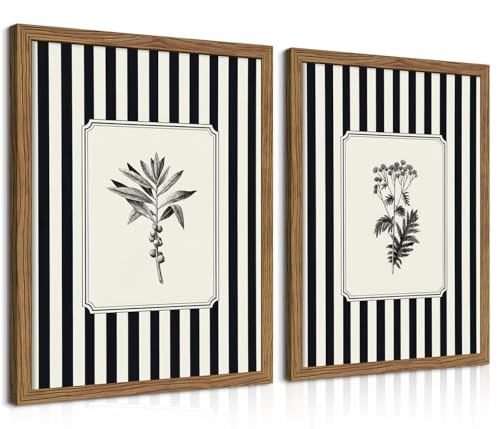 Framed Vintage Botanical Wall Art Set of 2, Black and White Striped Floral Canvas Wall Decor Paintings, Minimalist Farmhouse Wildflower Artwork Prints Pictures for Bathroom Living Room 12x16 Inch - color: Black and White Floral, size: 16"L x 12"W