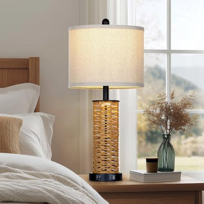 CINSARY 27" Boho Rattan Table Lamps Set of 2, Coastal Bedside Lamp with Night Light, Woven Wicker Bedroom Nightstand Lamps with USB A+C Charging Port, Tall Farmhouse Lamp for Living Room End Table - color: Rattan and Black