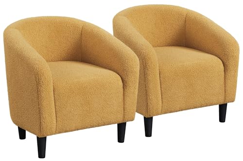 Yaheetech Compact Sherpa Accent Chairs Set of 2 for Bedroom, Mustard Yellow | Compact Cozy Barrel Chairs with a Curved Silhouette, Upholstered Furry Armchair for Small Spaces, Living Room Bedroom Corner - color: Mustard Yellow (Boucle), style: without Ott