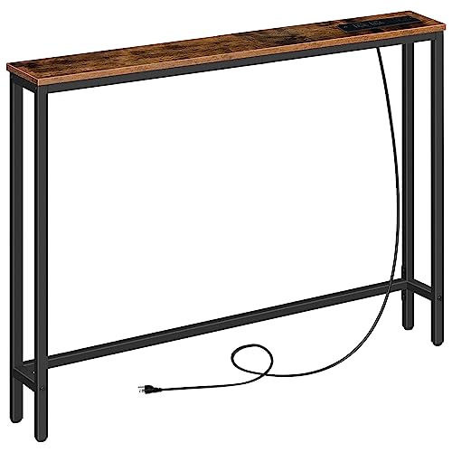 HOOBRO 39.4" Skinny Console Table with Power Outlet, 5.9" Behind Couch Table with Charging Station, Narrow Sofa Table, Long and Thin Table for Entryway, Living Room, Rustic Brown BF51UXG01 - color: Rustic Brown + Black, size: 39.4"L x 5.9"W x 31.5"H