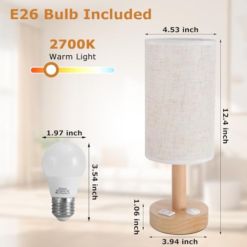 Small Bedside Table Lamp with AC Outlet, Natural Wood Base & Linen Shade, Mini Cute Cozy Warm White Nightstand Boho Lamp, Study Desk Night Stand Light for Bedroom, Kitchen, Nursery, Living Room - size: Round - AC Outlet - Set of 1