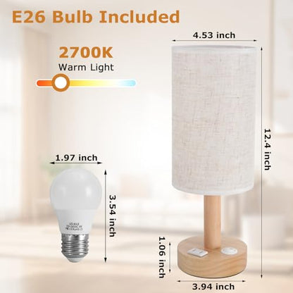 Small Bedside Table Lamp with AC Outlet, Natural Wood Base & Linen Shade, Mini Cute Cozy Warm White Nightstand Boho Lamp, Study Desk Night Stand Light for Bedroom, Kitchen, Nursery, Living Room - size: Round - AC Outlet - Set of 1