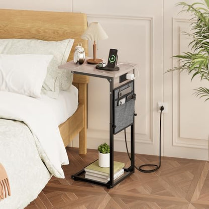 C Shaped End Table with Charging Station, Adjustable Height Side Table for Couch Recliner, Small Sofa Table with Storage Bag, Slide Under Sofa TV Tray Arm Table for Living Room, Bedroom, Gray - color: Greige, style: With Plug