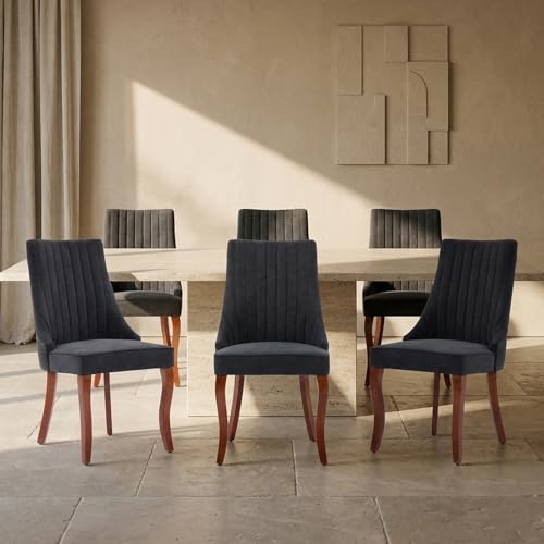 Upholstered Dining Chairs Set of 6, Mid-Century Modern Fabric Seating with Solid Wood Legs, High Back Side Chairs for Kitchen and Dining Room, Black - color: Black, size: Set of 6