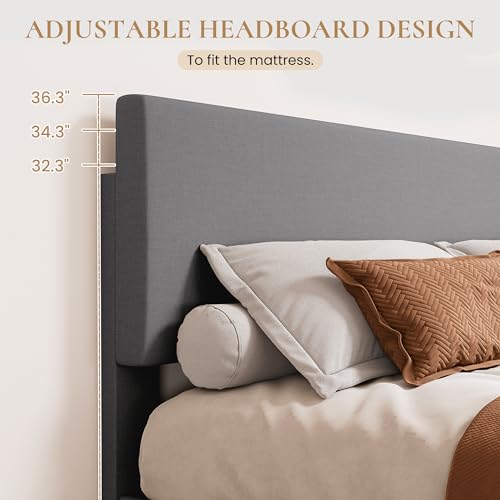 SHA CERLIN Linen Upholstered King Size Bed Frame with Headboard, Light Gray | Adjustable Low-Profile Platform Bed, Minimalist Design, Stable Mattress Foundation, Strong Back-Support, No Box Spring Needed - color: Light Grey, size: King