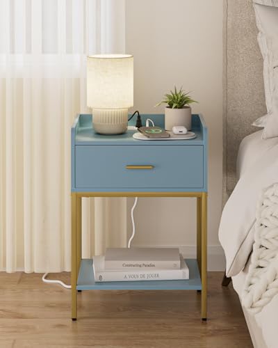 Masupu Nightstand with Charging Station,3-Tier Modern Bedside Night Stand with Storage Drawer and Shelf,Small End Side Table for Bedroom,Living Room,Gold and Blue - color: Outlet-blue