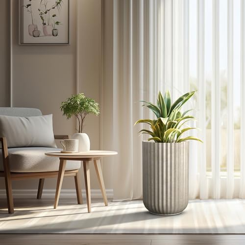 Kante Large Round Column Weathered Concrete Planter 21.7" Tall, Outdoor | Fluted, Rubber Plug for Indoor, Drainage for Garden, All-Weather Cement Flower Pot, Handcrafted, Anti-UV, Modern Home Decor - color: Weathered Concrete, size: 14"w x 21.7" h