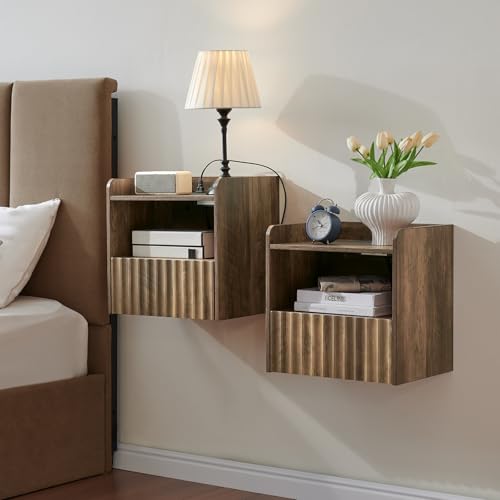 BuildHom Modern Fluted Floating Nightstand Wall Mounted Set of 2- Bedside Table with Storage Drawer & Display Shelf, Minimalist Bedroom Furniture for Studio Apartments(Rustic Brown) - color: Rustic Brown, size: Set of 2