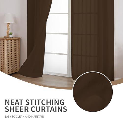 CUCRAF Sheer Curtains Panels for Living Room Bedroom Semi Window Treatment Drapes Voile Rod Pocket Curtain,Set of 2 (54 x 45 inches Long,Brown) - color: Brown, size: 54"W x 45"L (Pack of 2)