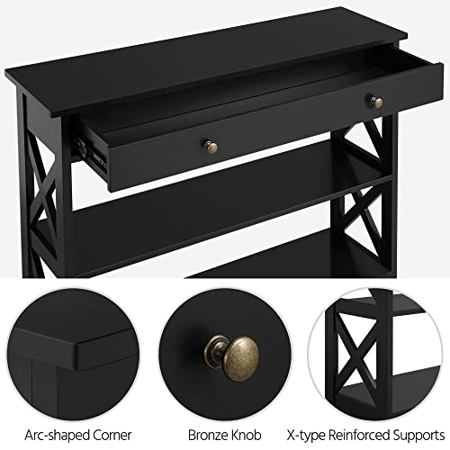 Yaheetech Narrow Entryway Console Table with Drawer, Storage Shelf, Black | X-Frame Painted MDF Build, Drawer and 2 Open Shelves for a Living Room, Sofa Side or Small TV Stand, Tabletop Holds 55 lb - color: Black