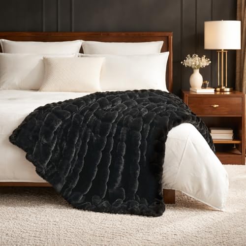 Cozy Bliss Deluxe Sheared Rabbit Faux Fur Throw Blanket, Soft Fuzzy High-Low Sculpted Plush Blanket for Couch, Cozy Home Accent, All Season Use, Black 50"x60" - color: Stripe - Black, size: Throw(50" x 60")