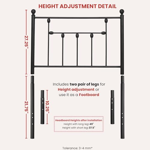 Victorian Twin Size Metal Bed Frame Height Adjustable Headboard Only, Wrought Iron Black Farmhouse Bed Frame Headboard, Easy Assembly, Short Clearance, Tall or Low Setting - size: Twin, style: Victorian