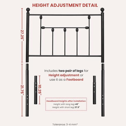 Victorian Twin Size Metal Bed Frame Height Adjustable Headboard Only, Wrought Iron Black Farmhouse Bed Frame Headboard, Easy Assembly, Short Clearance, Tall or Low Setting - size: Twin, style: Victorian