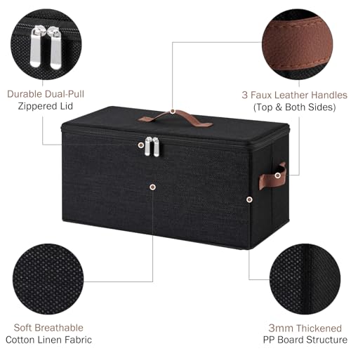Storage Bins DVD Boxes CD Case Holder Basket with Zippered Lids | Cotton Linen Fabric Container, Decorative Foldable Stackable Washable Shelf Closet Organizer, PU Leather Handles, Black-Large - size: Large ( Pack of 1 )