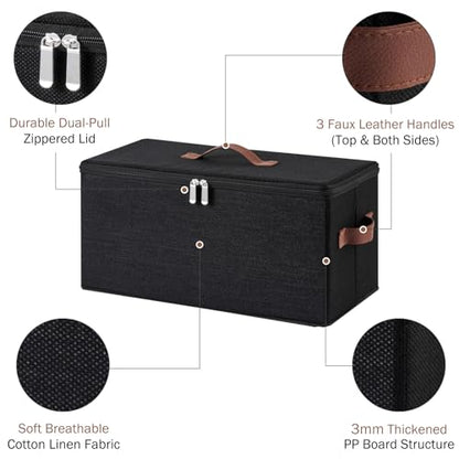 2PCS Storage Bin DVD Box CD Case Holder Basket with Zippered Lids | Cotton Linen Fabric Container, Decorative Foldable Stackable Washable Shelf Closet Organizer, PU Leather Handles, Black-Large - size: Large ( Pack of 2 )