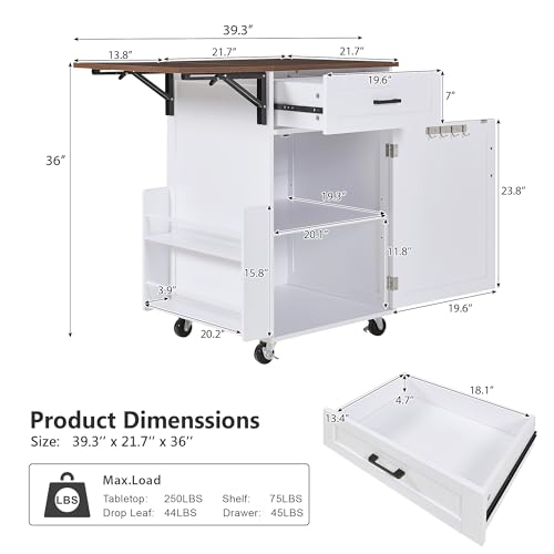 39.3"Farmhouse Kitchen Island with Open Side Rack and Drop Leaf and,Small Kitchen Rolling Cart with Drawer and Storage Cabinet, Narrow Mobile Dining Table with Lockable Wheels and Towel Rack White - color: White