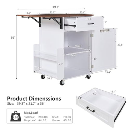 39.3"Farmhouse Kitchen Island with Open Side Rack and Drop Leaf and,Small Kitchen Rolling Cart with Drawer and Storage Cabinet, Narrow Mobile Dining Table with Lockable Wheels and Towel Rack White - color: White