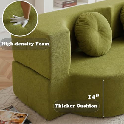 76" Convertible Folding Futon Sofa Bed, Queen Sleeper Sofa with Pillow, Teddy Floor & Futon Loveseat Couch, Foam Folding Mattress Sleeper for Living Room, Guest Use, Apartment, No Assembly (Green) - color: Green