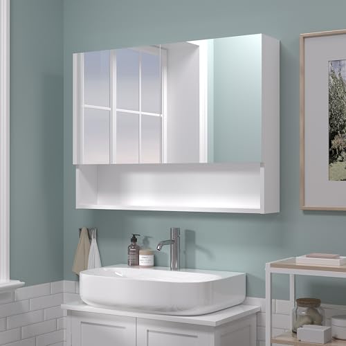 Bathroom Cabinet with Mirror, Wall Cabinet with 2 Mirrored Doors, Adjustable Shelf, Open Compartment, Wall-Mounted, 24x32 Inches, White (Assembly Required) - color: White, size: W32 x H24 - 2 Door