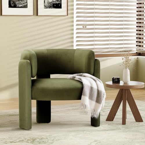 COLAMY Modern Velvet Accent Chair, Upholstered Barrel Chair, Comfy Side Arm Chair with 3 Legs for Living Room, Bedroom, Reading, Green - color: New-green, size: Set of 1