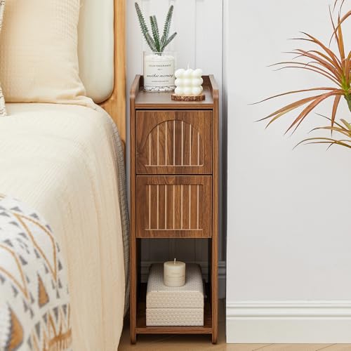 Narrow Nightstand Set of 2, Wooden Small 2 Drawer Nightstand, Slim Side End Table, Skinny Bedside Table, Mid Century Modern Night Stand with Drawers for Bedroom (Deep Walnut-2 pcs) - color: Deep Walnut-2 Pcs