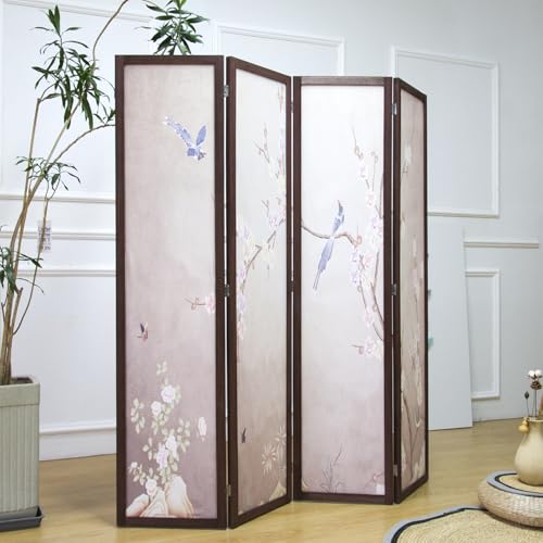 4 Panel Fabric Room Divider with Pattern, 5.6 ft Tall Folding Privacy Screen for Room Separation, Thickened Wood Frame Freestanding Partition Wall, Colourful Plum (67" H x 63" W) - color: Colorful Plum